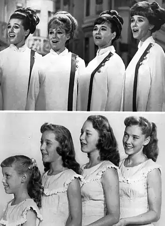 De Lennon Sisters in 1969 en 1955. 1969, v.l.n.r.: Kathy, Janet, Peggy en Dianne. 1955, v.l.n.r.: Janet, Kathy, Peggy, en Dianne.
