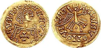 {Tremissis met Leovigild afgebeeld