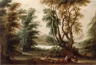 Gijjsbrecht Leytens, Landschap met bos en rivier en rustende herders, olieverf op paneel, 40 x 57.8 cm