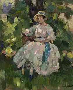 Lezen in de tuin, ca. 1920