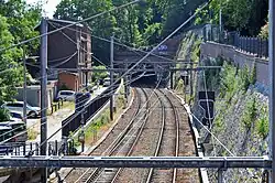 Spoorlijn 34, met op de achtergrond de ingang van de tunnel Sous Pierreuse, kant Vivegnis.