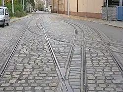 Drierailig tramspoor in Liberec in Tsjechië.