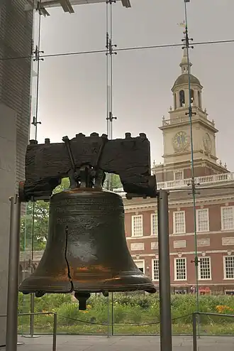 De Liberty Bell met de Independence Hall op de achtergrond.