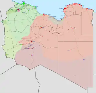 alt= ■&nbsp;In handen van de Tripoli-regering (GNA) en de Libya Shield Force ■&nbsp;In handen van de Tobruk-regering (HOR) en het Libyan National Army (LNA) ■&nbsp;In handen van lokale troepen