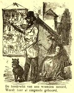 Liedzanger met een roldoek zingt een moordlied, vrouw speelt harp (19e eeuw).