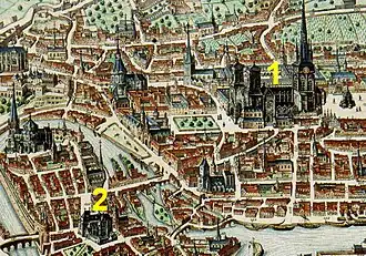 Detail van een kaart van Luik (Joan Blaeu, 1649) met Sint-Lambertuskathedraal (1) en Sint-Pauluskerk (2)