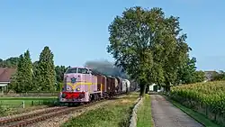 Loc 2530 (weer) in lila uitvoering met goederentrein bij Beekbergen; 8 september 2019.