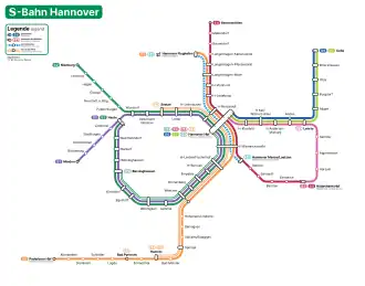 S-Bahn Hannover, lijnennetkaart (zie rechtsonder in lichtroze lijn S3)
