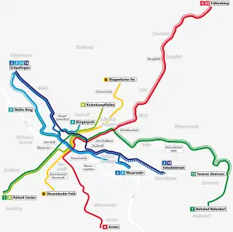 Netwerkkaart van de Tram van Bremen