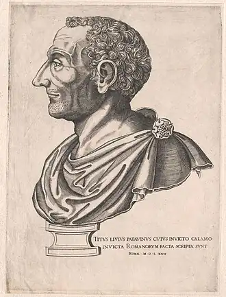 Gravure van buste Titus Livius uit de Speculum Romanae Magnificentiae, 1572