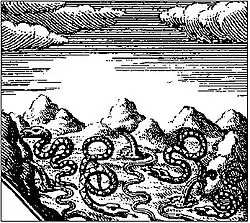 Woestijnen, met fonteinen waaruit slangen ontspringen