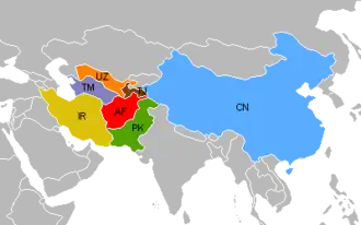 De buurlanden van Afghanistan: ■&nbsp;Pakistan ■&nbsp;Iran ■&nbsp;Turkmenistan ■&nbsp;Oezbekistan ■&nbsp;Tadzjikistan ■&nbsp;China