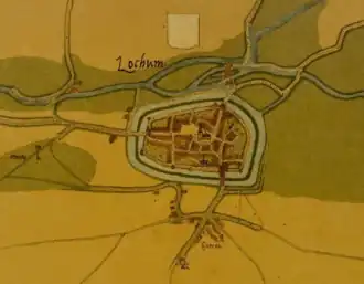 Lochem circa 1560, door Jacob van Deventer. De vestingwerken bestonden toen uit de dubbele gracht en een stadsmuur met drie poorten.