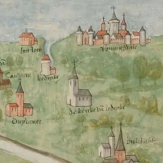 De kerk van Lodijke op de Scheldekaart uit 1500