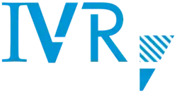 Het logo van IVR: blauwe letters I, V en R naast elkaar. Met rechts daarnaast een blauwe omgekeerde driehoek.