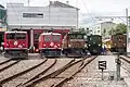 Verschillende (historische) locomotieven van de RhB, van de typen Ge 6/6 II, Ge 4/4 I, Ge 6/6 I, G 3/4 "Rhaetia" en Ge 2/4.