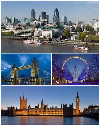 Een collage van Londen Boven: Skyline van City of London, Midden links: Tower Bridge, Midden rechts: London Eye, Onder: Palace of Westminster.