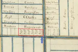 Fragment van een kaart van landmeter Jan Lubberts uit 1662 met de percelen van Spiel met de locatie van Welgelegen. Het noorden is onder.