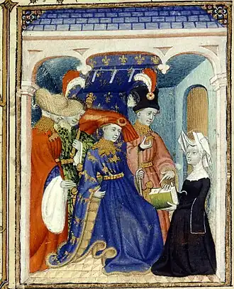 Lodewijk I van Orléans ontvangt een boek uit handen van Christine de Pisan (miniatuur van de meester van de Cité des dames uit de Épître Othéa, British Library, Harley MS 4431, f.95, ca. 1410-1414).