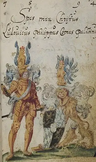 Lodewijk Filips in pronkharnas, uit het stamboek van keurvorst Frederik IV van de Palts, geschreven tussen 1582 en 1605.