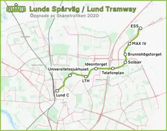 Netwerkkaart van de Tram van Lund