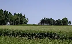 Onbebouwd deel van de wierde met op de achtergrond de kop-hals-rompboerderij ten zuiden van de wierde