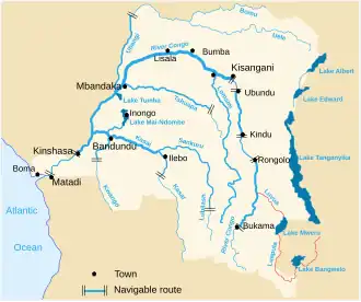 De Chambeshi en de Luapula in het uiterste zuidoosten in het rood als bronrivier in het stroomgebied van de Kongo, op een kaart van de Democratische Republiek Congo.