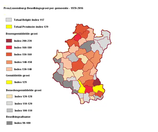 Evolutie van de bevolking per gemeente prov. Luxemburg periode 1970 tot 2016
