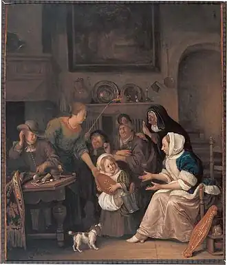 Jan Steen schilderde de Sinterklaasavond twee maal. De bekendste voor een katholiek opdrachtgever: het meisje met pop in de vorm van een heilige (Rijksmuseum). In deze latere versie krijgt het meisje een ronde koek, 1670–75, (Museum Catharijneconvent)