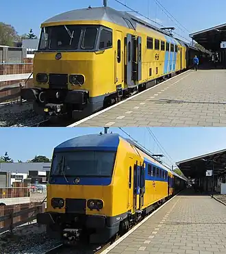 Een mDDM motorwagen en een gereviseerde DDZ motorwagen op station Bilthoven.