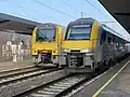 Reeks 41 (links) naast een Desiro in station Lokeren.