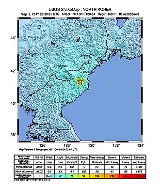 De locatie van de kernproef van 3 september 2017, in de provincie Ryanggang-do.