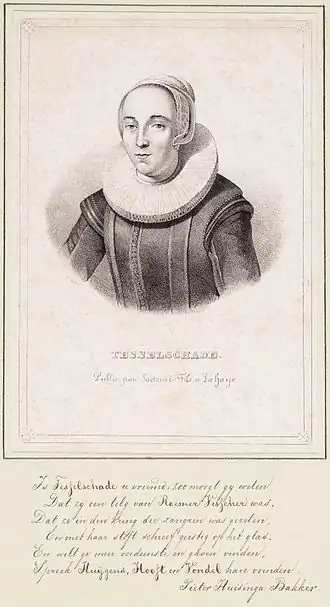 19e-eeuwse lithografie van (ten onrechte betiteld als) Tesselschade Roemers Visscher met een gedicht van Pieter Huisinga Bakker eronder