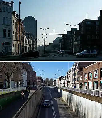 De Akerstraat, gezien naar het oosten (boven), met op de achtergrond De Colonel en de Koepelkerk, en naar het westen (onder), met de Scharnertunnel