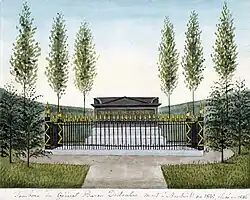 Grafmonument op het Bastion Destombe (ingekleurde pentekening Ph. van Gulpen)