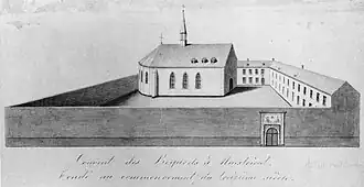 Ommuurd Bogaardenklooster met kapel en entree aan de Witmakersstraat. Tekening/reconstructie door Jan Brabant, midden 19e eeuw (NB: het onderschrift "gesticht in de 13e eeuw" is discutabel)