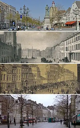 Beelden van de Boschstraat: gezicht vanaf de Markt met standbeeld Minckelers · gezicht naar de Markt (A. Schaepkens) · fabrieksarbeiders in de Boschstraat (A. Verhees) · gezicht naar het noorden