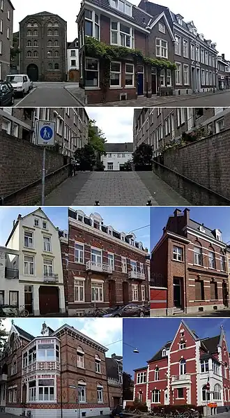 Impressies van de Bourgognestraat: mouterij Stoombierbrouwerij De Keyzer · noordwestelijk straatdeel · gezicht op Bourgogneplein · nr. 17a-d · nrs. 17-19 · nr. 20 · hoek Spoorweglaan zuid · idem, noord