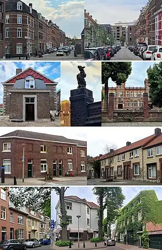Impressies van de Herbenusstraat. 1. noordoostelijk, hellend straatdeel · 2. Momus' Oudemannenhuis, sculptuur en Sint-Servatiusschool · 3. volkswoningsbouw · 4. zuidwestelijk straatdeel