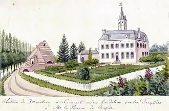 Het kasteel met tuin en riviertje de Kanjel (en mogelijk een watermolen). Tekening Philippe van Gulpen, ca. 1840[1]