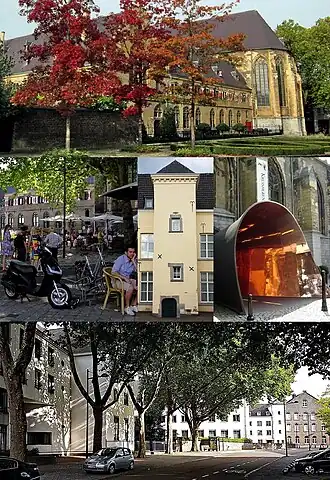 Van boven naar beneden en van links naar rechts: Kruisherenklooster, terrassen, traptoren Refugie van Herkenrode, entree Kruisherenhotel, kloostervleugels Zusters Onder de Bogen en De Kommel