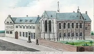 Het Nieuwenhofklooster met de barokke dubbelkapel en het gotische koor (Ph. van Gulpen, 1849)