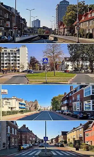 De Scharnerweg anno 2021. Van boven naar beneden: Vanaf de Scharnertunnel naar het westen · Nabij het Vrijheidspark, naar het oosten · Hoek Hunnenweg, naar het oosten · Vanaf de rotonde Sibemaweg / Koning Clovisstraat naar het westen