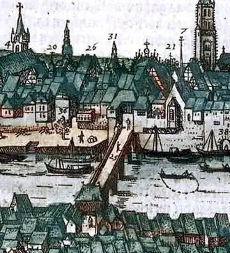 Vogelvluchtperspectief vanuit Wyck (Simon de Bellomonte, ca. 1570)