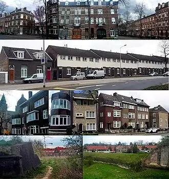 Statensingel met van boven naar beneden: herenhuizen, ca. 1905 · originele en verbouwde arbeiderswoningen, ca. 1910 · jaren 30 huizen · Linie van Du Moulin