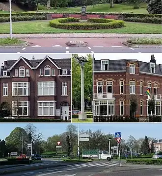 Gezicht op het plein vanuit het centrum · nrs. 9-10 · kunstwerk 'De mens in het heelal' · nr. 36 · gezicht op het plein vanaf de Tongerseweg