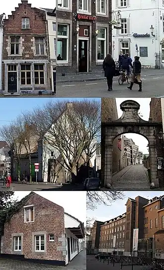 Beelden van de Tongersestraat: Trapgevel Tongersestraat 66 · hoek Ezelmarkt · muurschildering hoek Kakeberg · poort Patersbaan · wachthuis Tongersepoort · Canisianum / UM School of Business