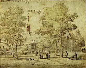 Gezicht op de noordwand van het Vrijthof met de kapel van het Wittevrouwenklooster (Valentijn Klotz, ca. 1670)