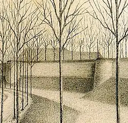 Gezicht op de kat Nassau, hoog oprijzend achter de stadsmuur (veldzijde)