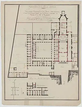 Frans ontwerp uit 1804 voor de indeling van de voormalige kloosterkerk (rechtbank) en kloostervleugels (gevangenis). Hier de begane grond